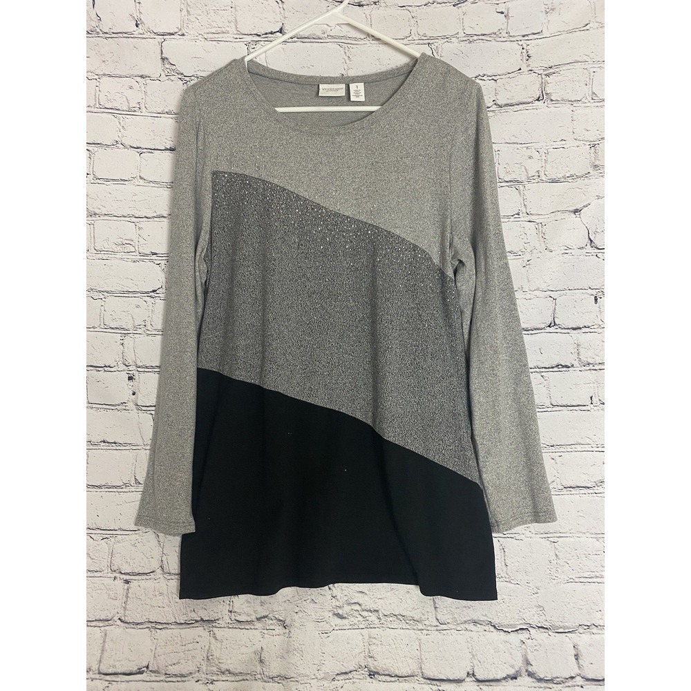 Weekends By Chico'sGrey Black Color Block Rhinestone Womens Long Sleeve Top Sz 1